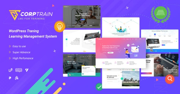 CorpTrain corporate training WordPress theme with LearnPress LMS course management interface