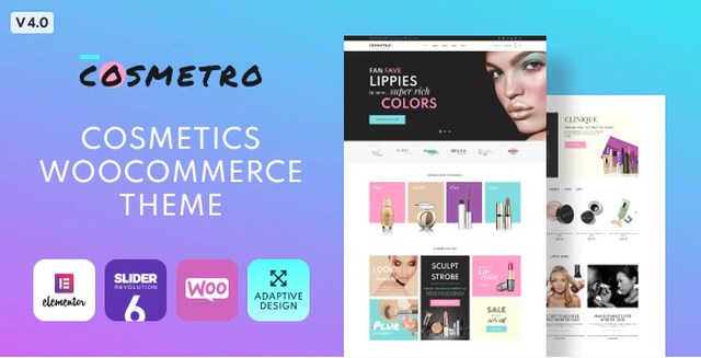 Cosmetro cosmetics WooCommerce theme dashboard showing Elementor beauty store customization options with six design skins