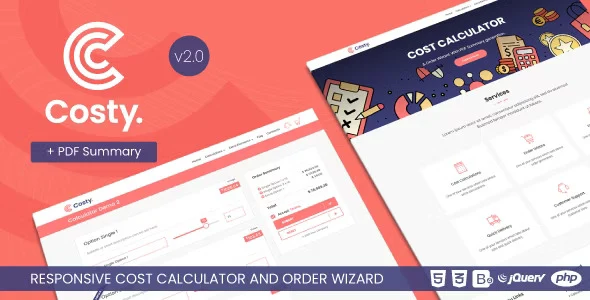 Costy cost calculator and order wizard HTML5 template interface with responsive form layout