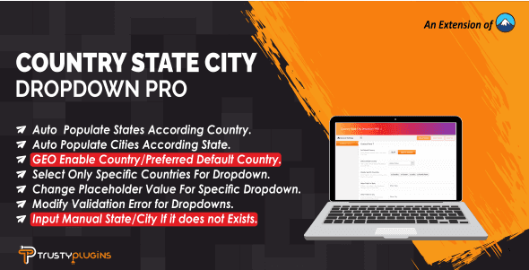 Country State City Dropdown PRO WordPress plugin interface showing location selection fields