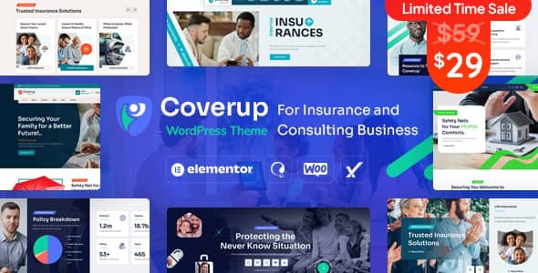 CoverUp insurance and consulting WordPress theme showing professional corporate website layout
