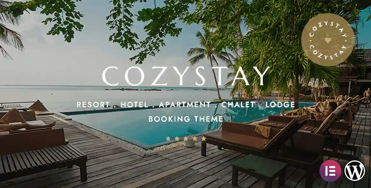 CozyStay hotel booking WordPress theme with Elementor showing modern hotel website layout