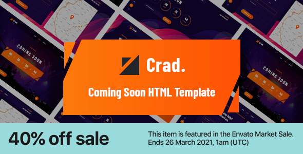 Crad creative coming soon HTML5 template preview showing modern pre-launch page design with contact form and about section