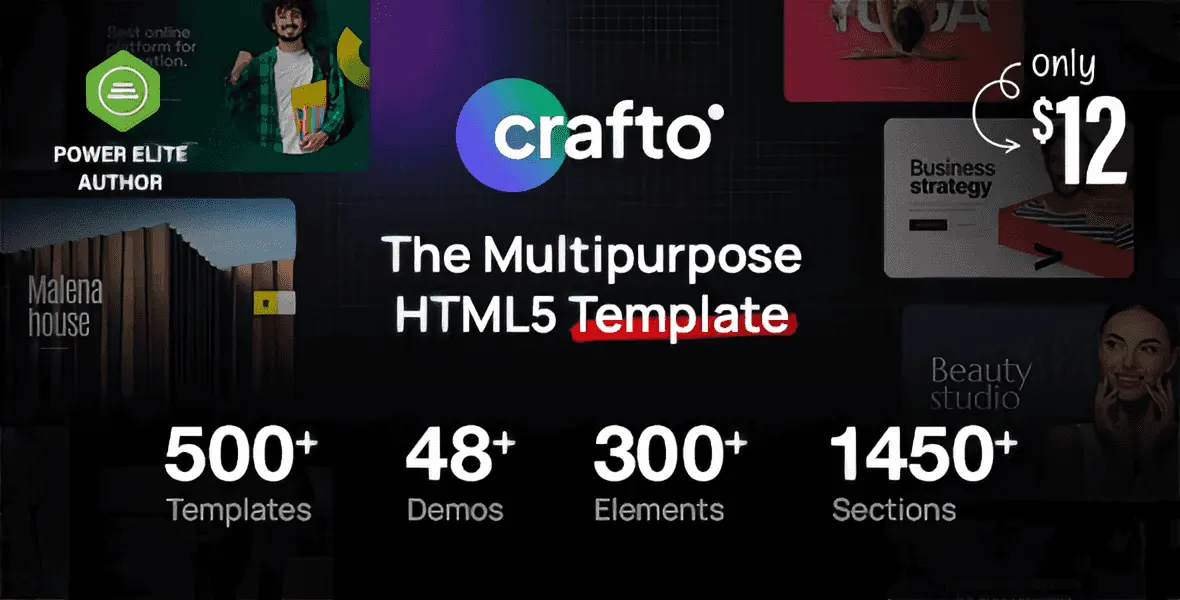 Crafto multipurpose HTML5 template showcasing 48+ Bootstrap 5 website demos with SCSS styling