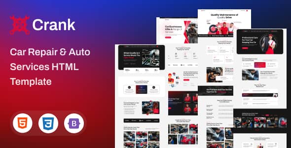 Crank car repair HTML5 template showcasing responsive homepage layouts for auto service businesses