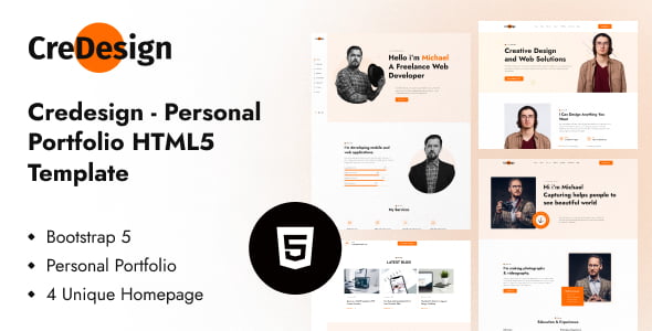 CreDesign personal portfolio HTML template preview with responsive Bootstrap 5.3 layout for freelancers and web designers