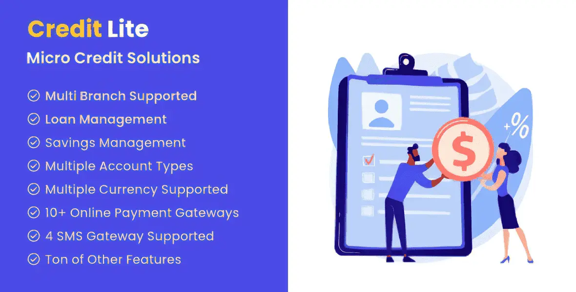 Credit Lite loan and savings management PHP script interface with multi-branch dashboard and payment gateway options