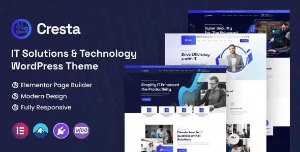 Cresta Elementor WordPress theme homepage showing IT services layout with clean typography and modern UI