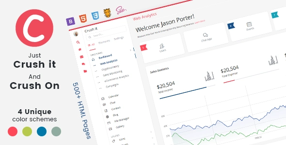 Crush It responsive Bootstrap admin template dashboard with sidebar layout and widget cards