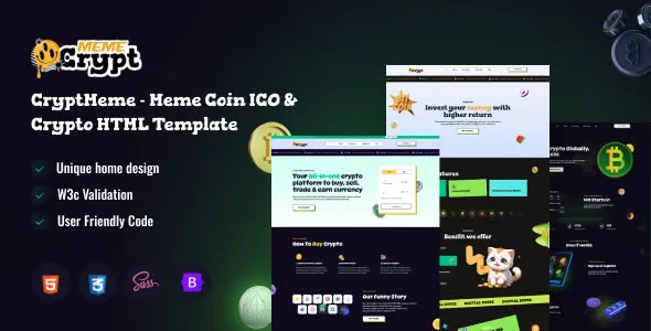 CryptMeme crypto and meme coin ICO HTML template with dark mode and responsive design