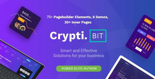 CryptiBIT cryptocurrency WordPress theme showcasing ICO landing page design with blockchain and Bitcoin elements