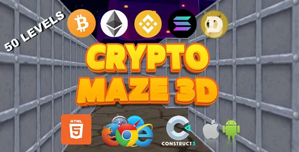 Crypto Maze 3D HTML5 crypto game template featuring 50 blockchain-themed maze levels with Bitcoin and Ethereum visuals