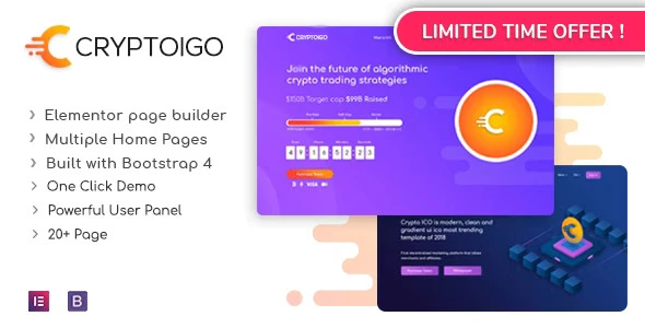 Cryptoigo cryptocurrency WordPress theme homepage showing animated 3D graphics and Elementor page builder interface