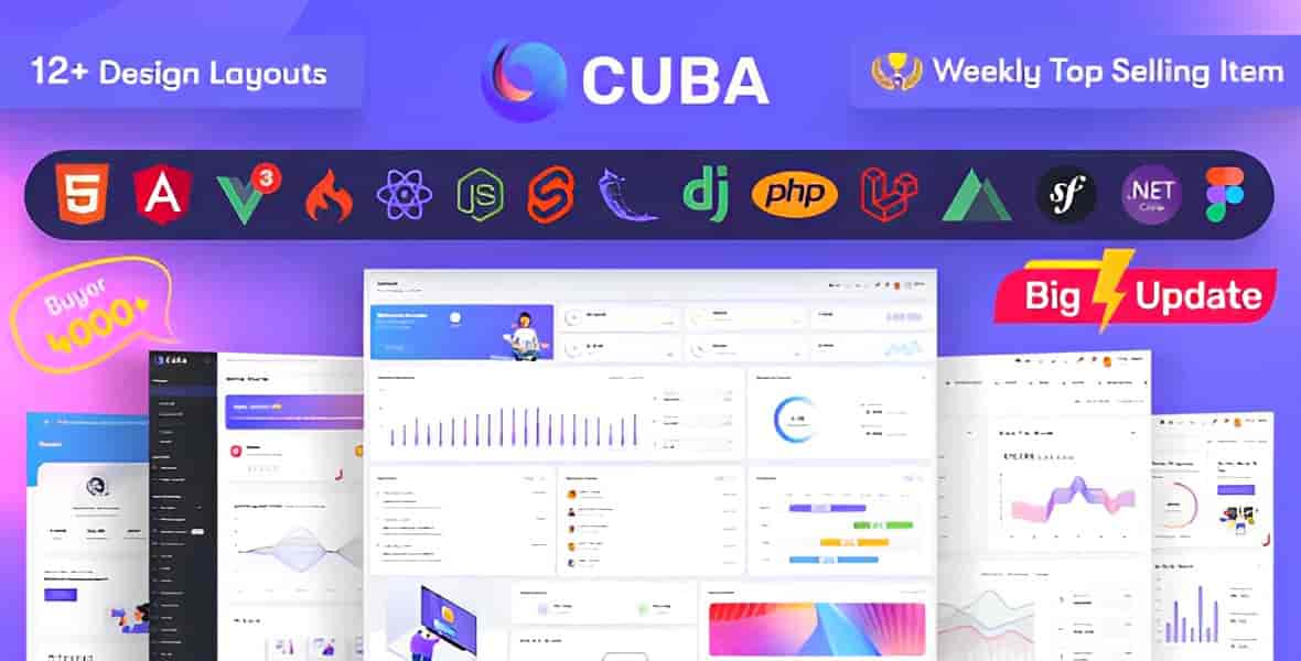 Cuba Bootstrap 5 admin dashboard template with multi-framework support