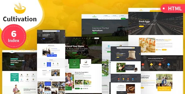 Cultivation agriculture HTML template showcasing farm and organic food store website layouts