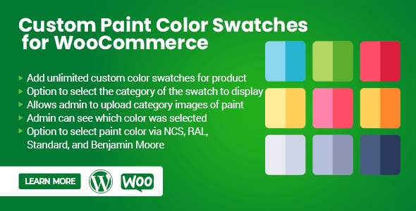 WooCommerce product page showing interactive paint color swatches from Benjamin Moore, NCS, RAL, and custom libraries with live preview