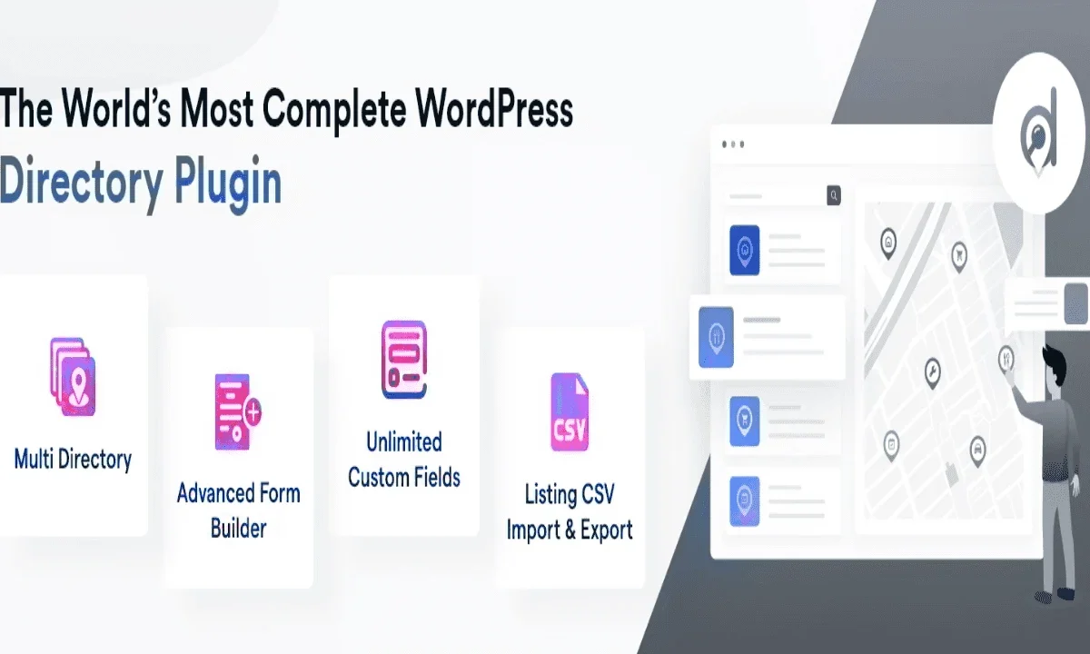 Directorist WordPress directory plugin interface showing listing management and search features