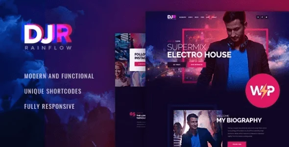 DJ Rainflow WordPress theme homepage layout for DJs and musicians