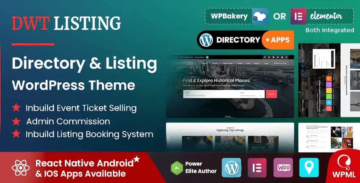 DWT Listing directory WordPress theme showing front-end page builder and Google Maps integration
