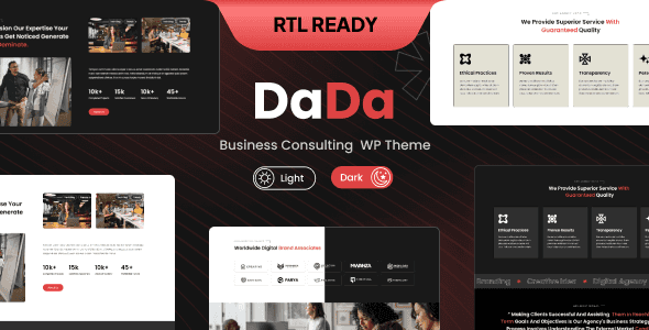 DaDa business consulting WordPress theme homepage preview showcasing professional Elementor layout design
