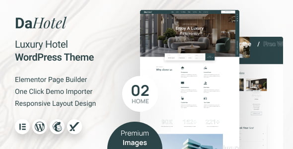 Dahotel luxury hotel WordPress theme homepage layout showcasing elegant room galleries and booking interface