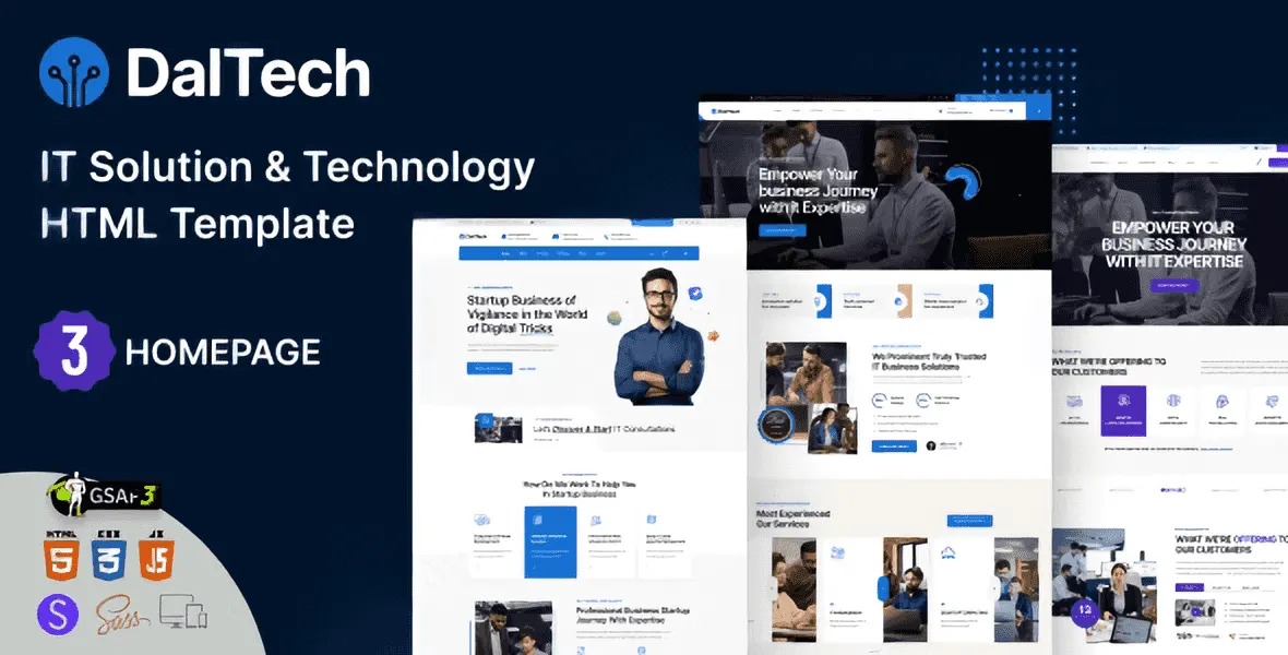 Daltech IT solution technology HTML template homepage preview on desktop and mobile devices