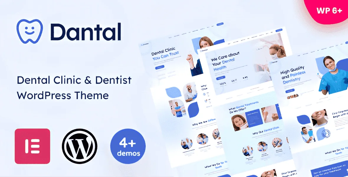 Dantal dental WordPress theme displaying a modern clinic website with Elementor customization