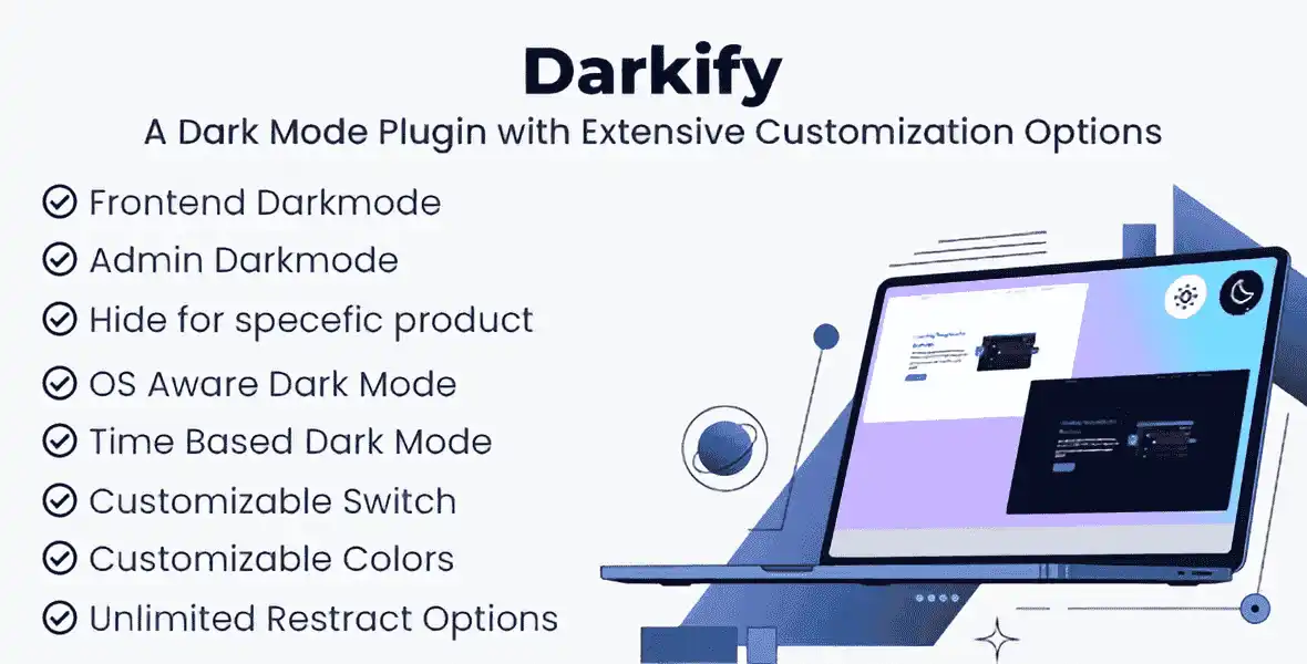 Darkify WordPress dark mode plugin interface showing dark theme toggle on front-end and admin dashboard