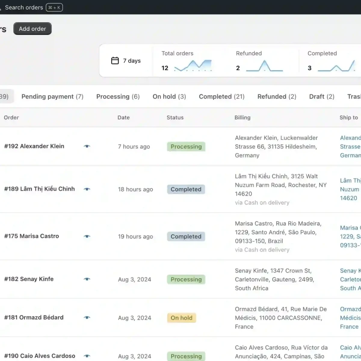 Dashify Pro WooCommerce admin panel showing modern order list with visual cards, status filters, and floating bulk actions
