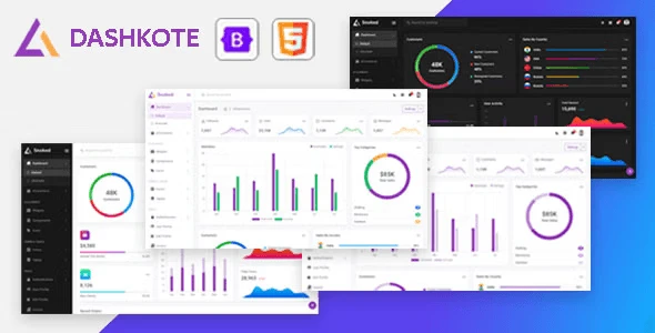 Dashkote Bootstrap 5 admin template dashboard preview showing responsive layout with sidebar navigation, data tables, and chart widgets