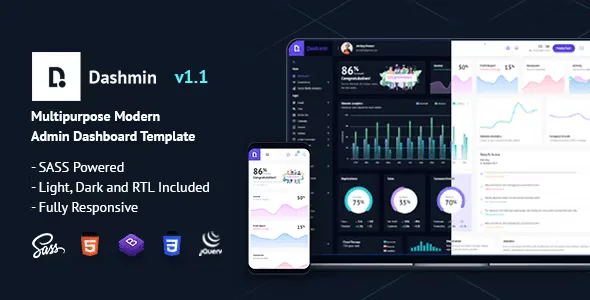 Dashmin responsive Bootstrap admin dashboard template with Elementor PRO support