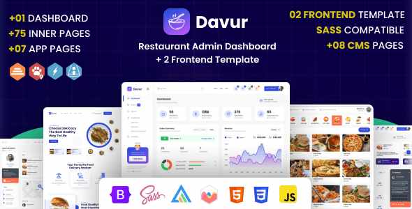 Davur restaurant admin dashboard HTML template interface showing order management and reservation tracking