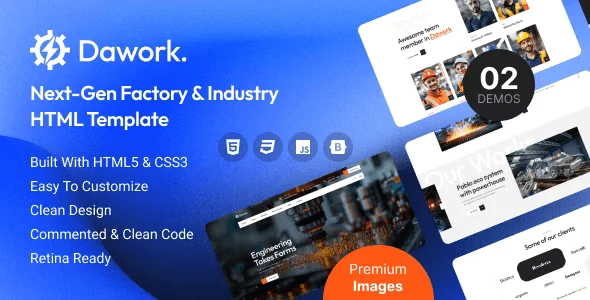 Dawork factory and industry HTML template preview showing responsive layout with professional industrial design