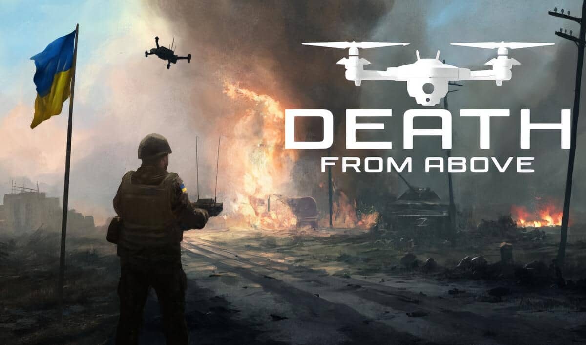 Death From Above Windows game cover art featuring a drone operator in a war-torn Ukrainian setting