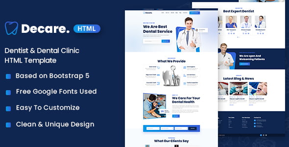 Decare dental clinic HTML template homepage preview showing hero section, services grid, and appointment CTA on desktop and mobile