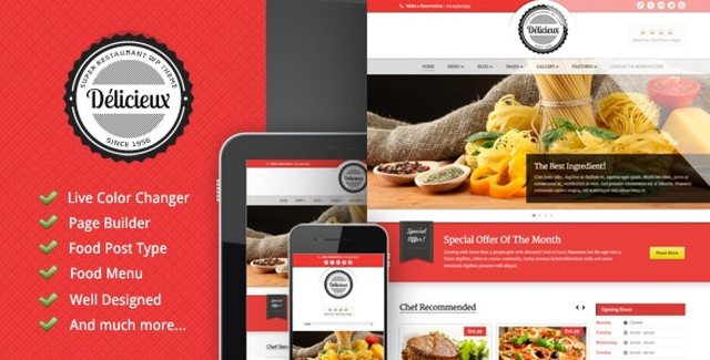 Delicieux restaurant WordPress theme preview showing modern responsive design with Elementor PRO