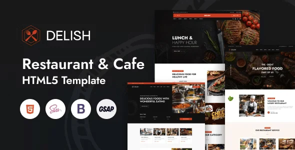 Delish restaurant and cafe HTML5 template design preview