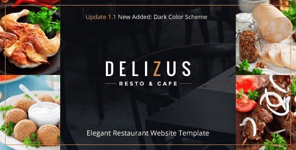 Delizus responsive HTML5 restaurant website template preview showing mobile and desktop views