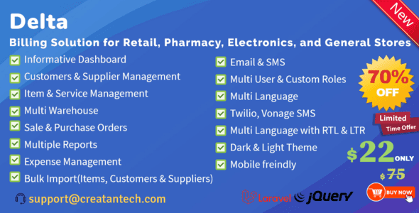 Delta PHP billing and inventory management system dashboard with GST invoicing and CRM features