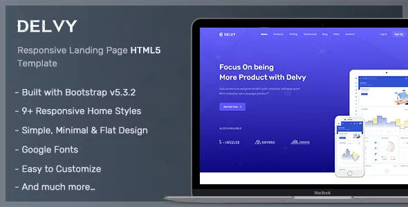 Delvy Bootstrap 5 landing page template showcasing responsive startup layouts with light and dark theme variations