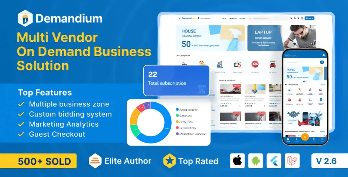 Demandium on-demand home service marketplace script admin dashboard showing provider management and booking analytics