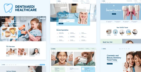 DentaMedi dental clinic WordPress theme homepage preview showing modern design with service sections and team layout