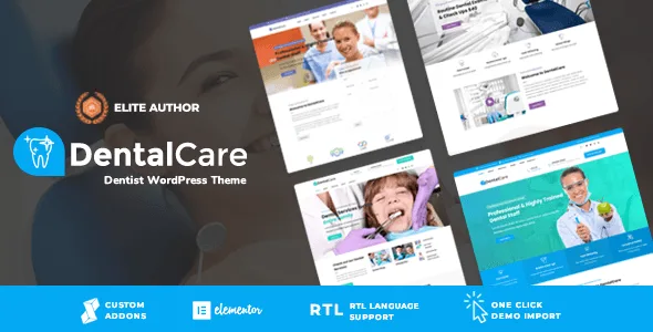 Dental Care WordPress theme preview showing a clean dental clinic website layout with service listings and staff profiles