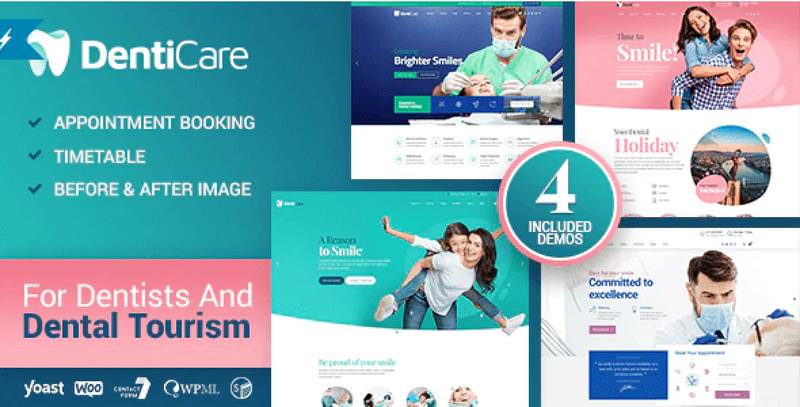 DentiCare dentist WordPress theme showing dental clinic website design with responsive layout