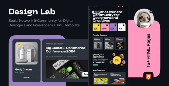 Design Lab freelancers community HTML template preview showing dark and light theme modes with portfolio grids and course layouts