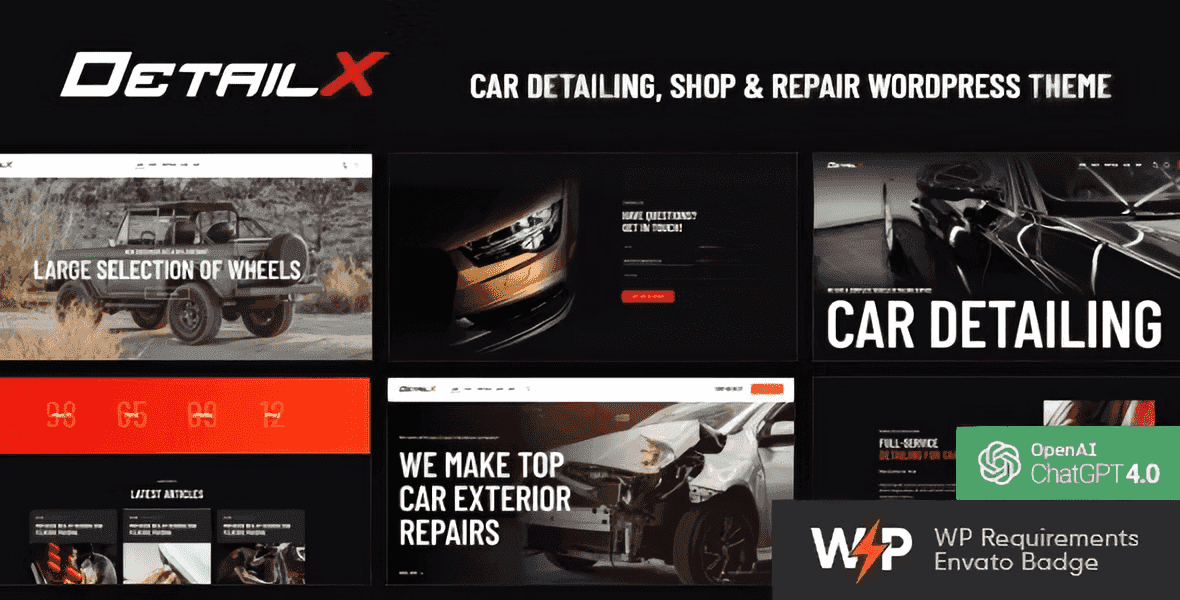 DetailX automotive WordPress theme homepage showing car repair services, booking form, and service showcase
