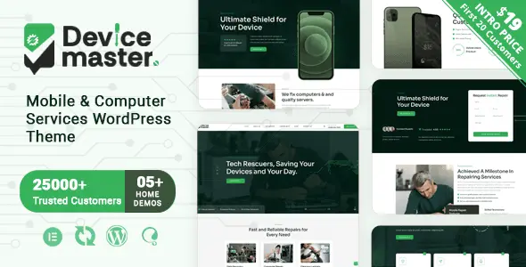 Devicemaster mobile and computer repair WordPress theme with Elementor page builder and corporate responsive design