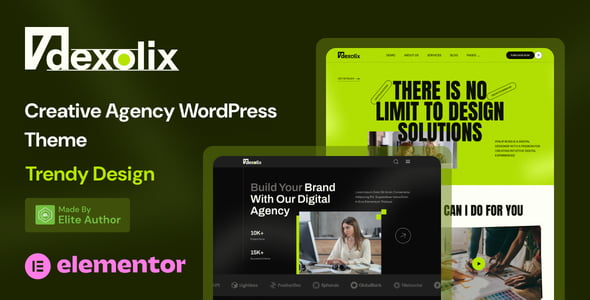 Dexolix digital agency WordPress theme homepage preview showing Elementor layout options and modern design
