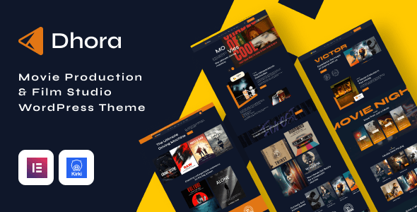 Dhora film studio WordPress theme preview showcasing cinematic layouts for movie production websites
