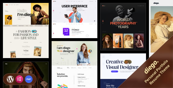 Diego creative personal portfolio WordPress theme preview with GSAP animations and Elementor support